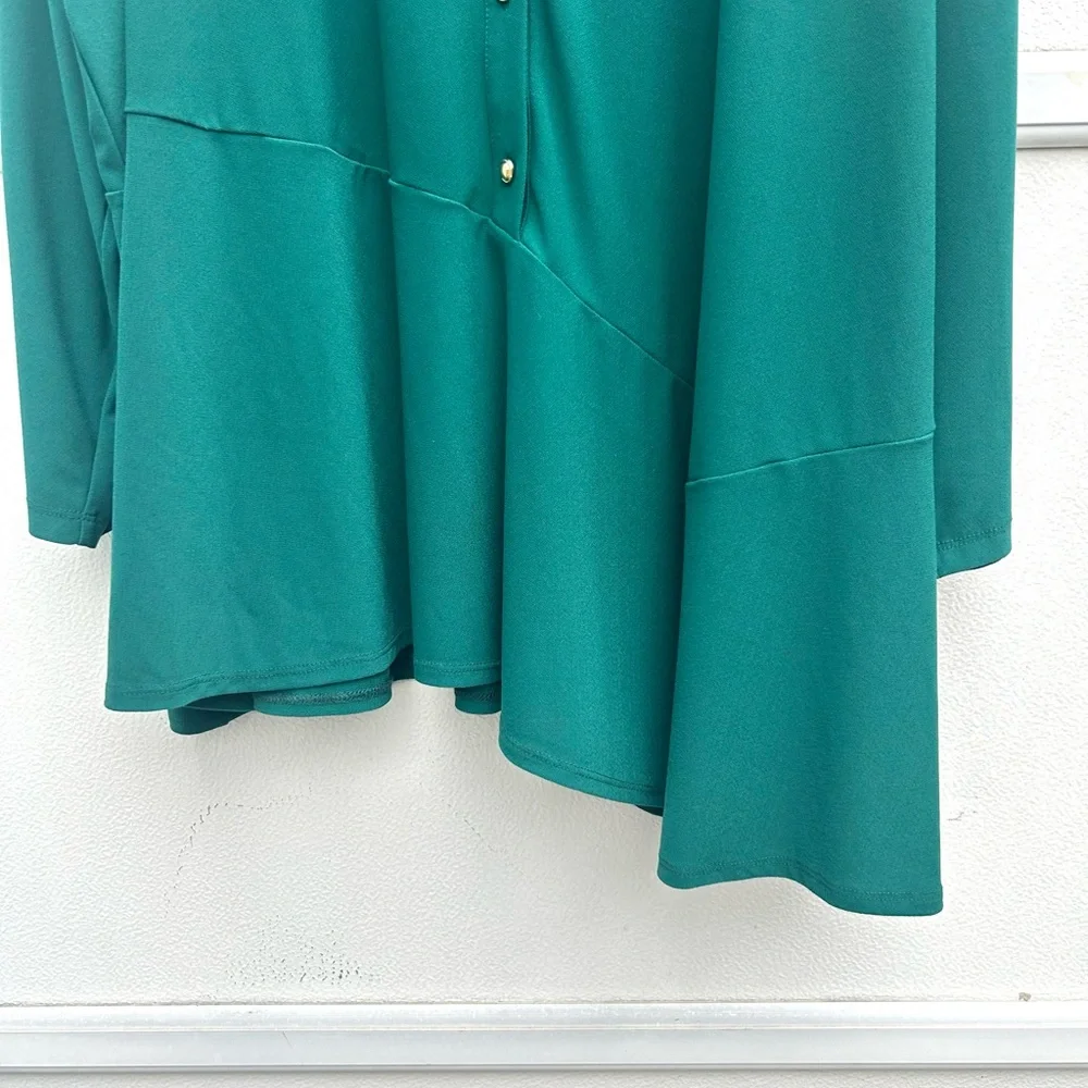 Susan Graver Liquid Knit Top 4X Asymmetrical Hem Kelly Green Button Front Tunic - Picture 5 of 11